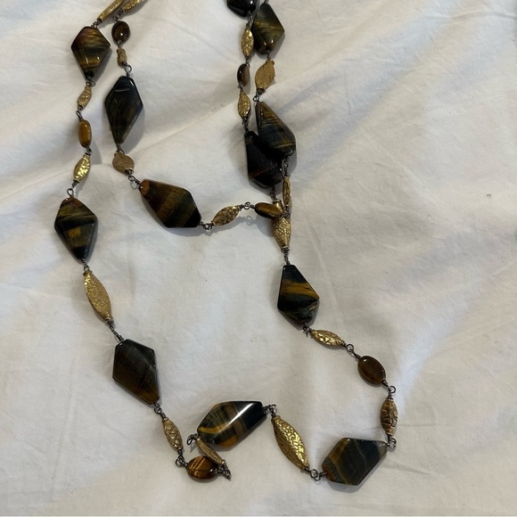 Tiger’s Eye Stone Beaded Statement Gold Tone Necklace - Picture 9 of 10